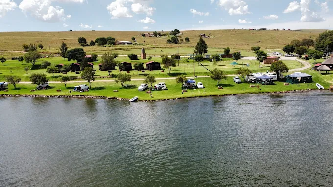 Aerial view of fishing and camping stands at Maanlig Oord